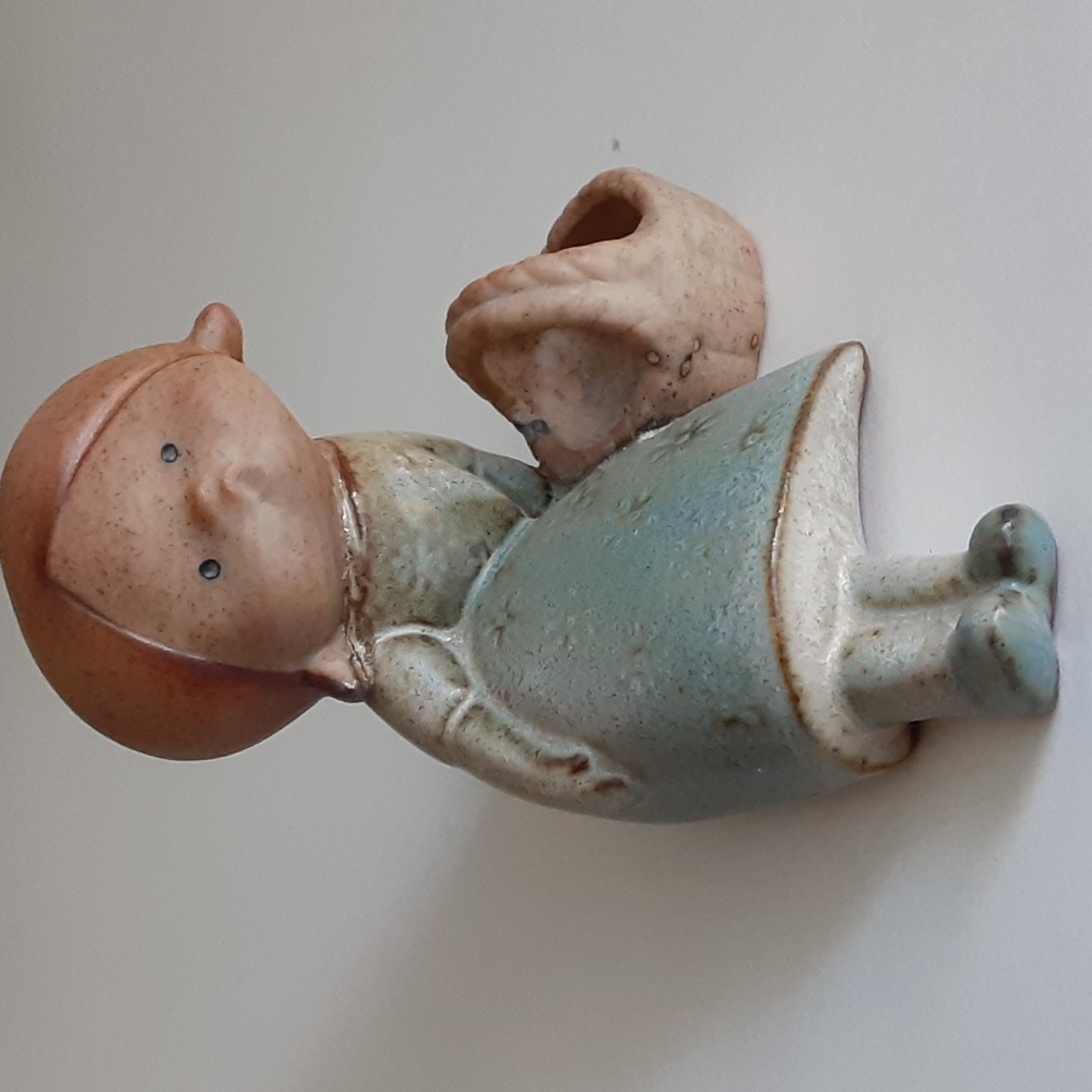 Vintage UCTCI Japan Stoneware Pottery Figurine Girl Basket Semi Glazed